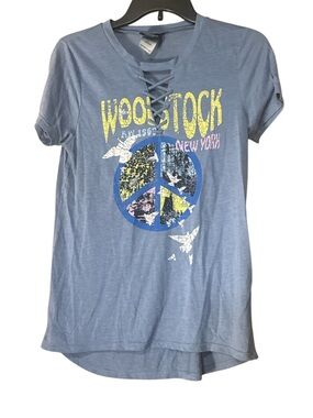 Woodstock VTG Concert Tees Band Lace-Up Graphic T-Shirt Blue - Size M